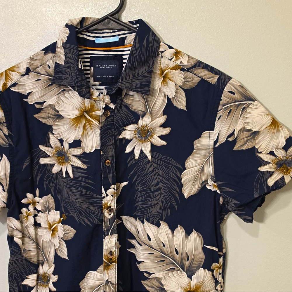 Denim & Flower Men's Woven Cotton SS Button-Up Floral M Navy Blue/White #271